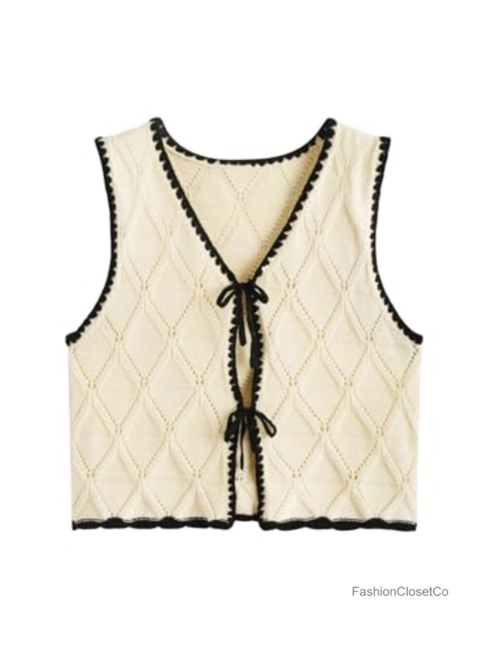 Crochet Sweater Vest V-Neck Sleeveless Tie Front Knit Top Women's